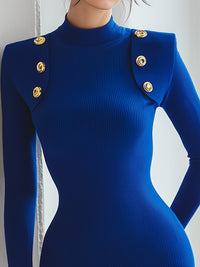 Royal Blue Knit Bodycon Dress With Gold-Button Detail
