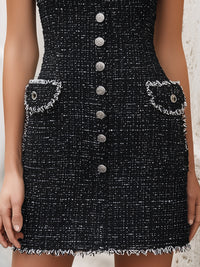Sleeveless High-Neck Tweed Mini Dress With Silver Buttons