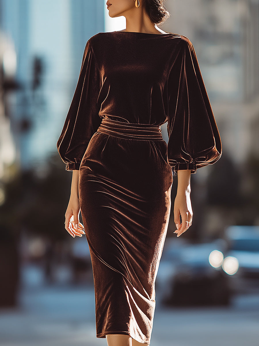 Mocha Velvet Draped Midi Dress