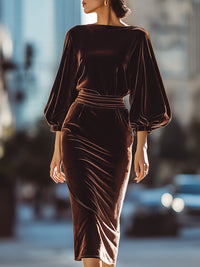Mocha Velvet Draped Midi Dress
