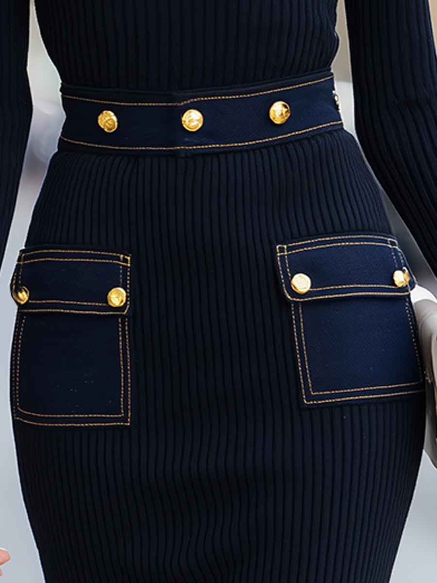 Navy Ribbed Knit Dress With Gold-Tone Button Denim Pocket Details