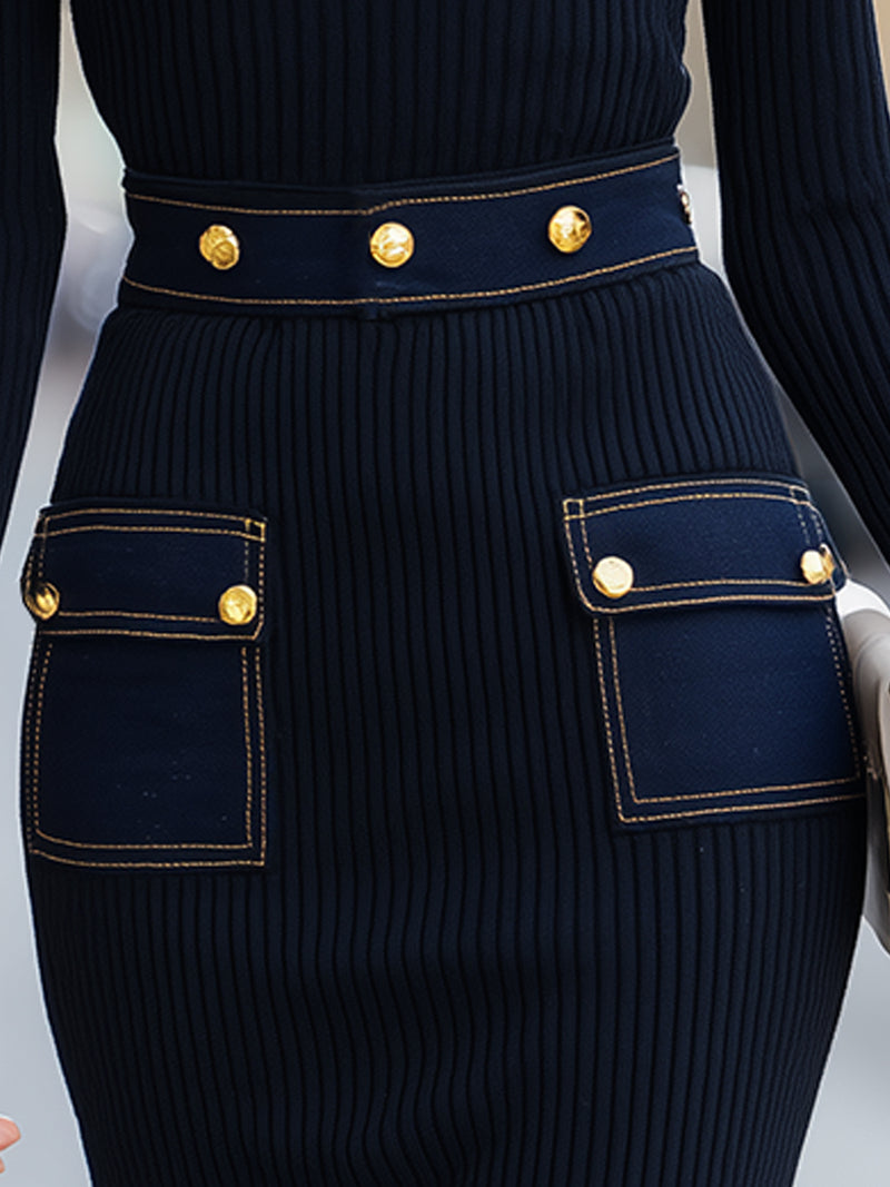 Navy Ribbed Knit Dress With Gold-Tone Button Denim Pocket Details