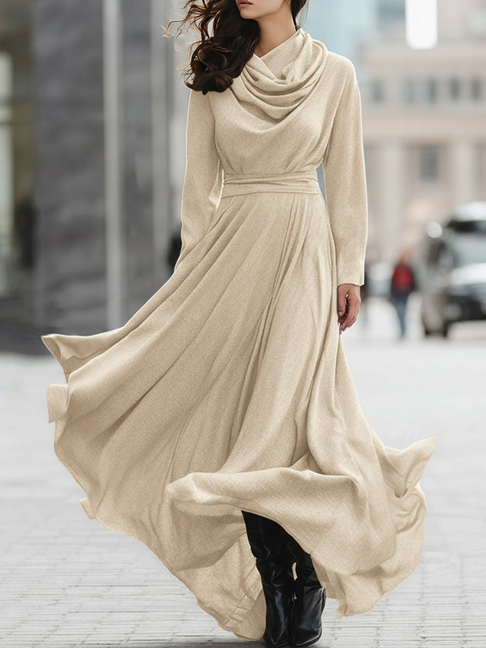 Elegant Cowl Neck Beige Maxi Dress With Flowing Skirt