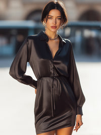 Black Satin Shirt Dress With Drawstring Waist