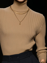 Camel Wide Striped Turtleneck Sweater