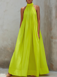 Pleated Halter Neck Flowing Maxi Dress