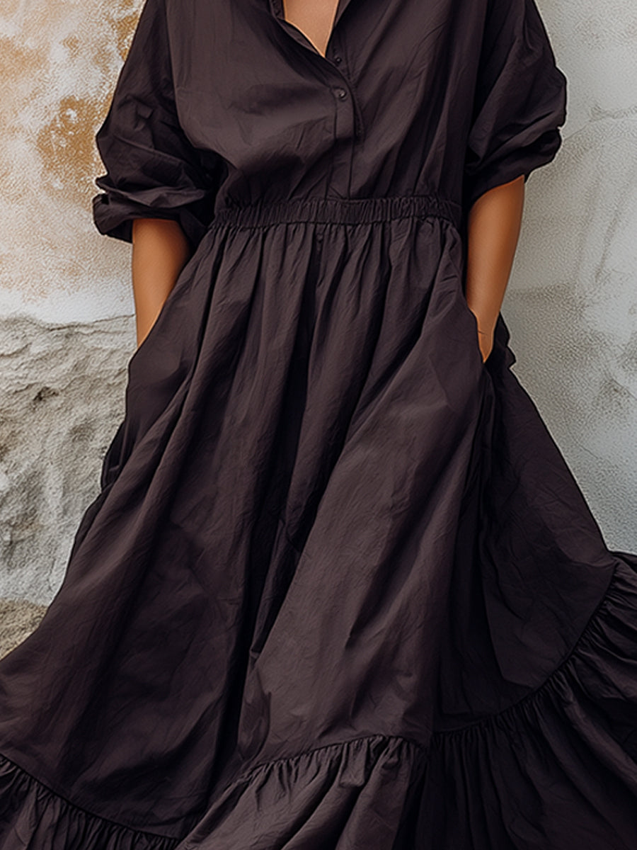 Relaxed Shirt Collar Ruffle Hem Maxi Dress