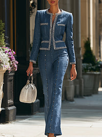 Embellished Denim Tailored Blazer And Slim-Fit Pants Set