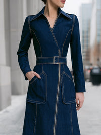 Navy Denim Belted Midi Shirt Dress