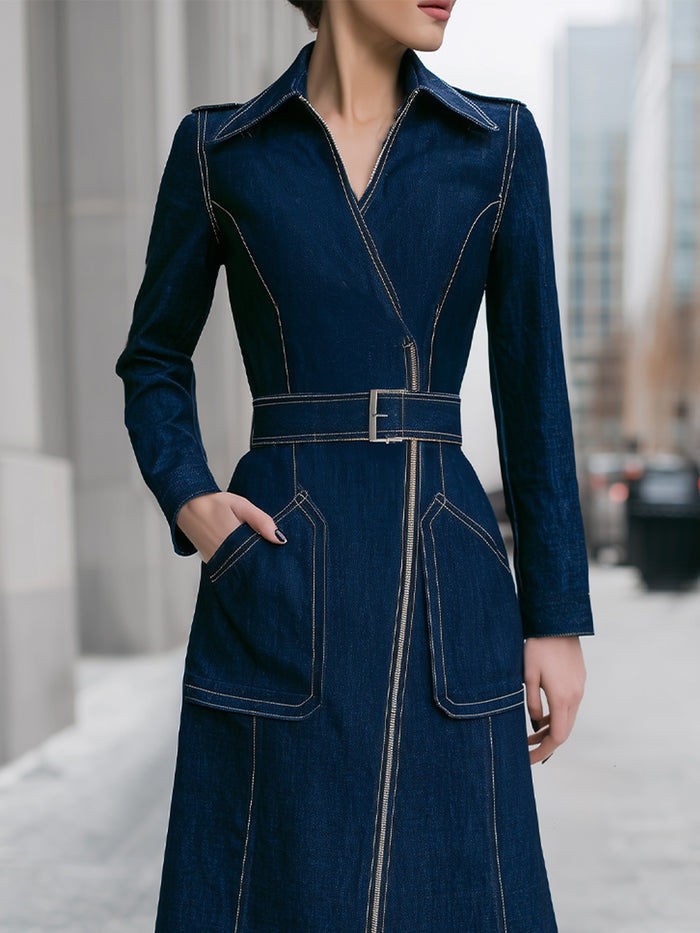 Navy Denim Belted Midi Shirt Dress