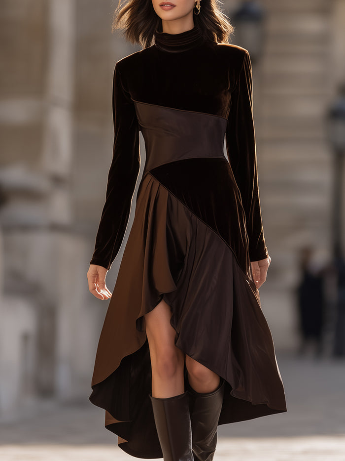 Asymmetric Velvet And Satin Panel Dress