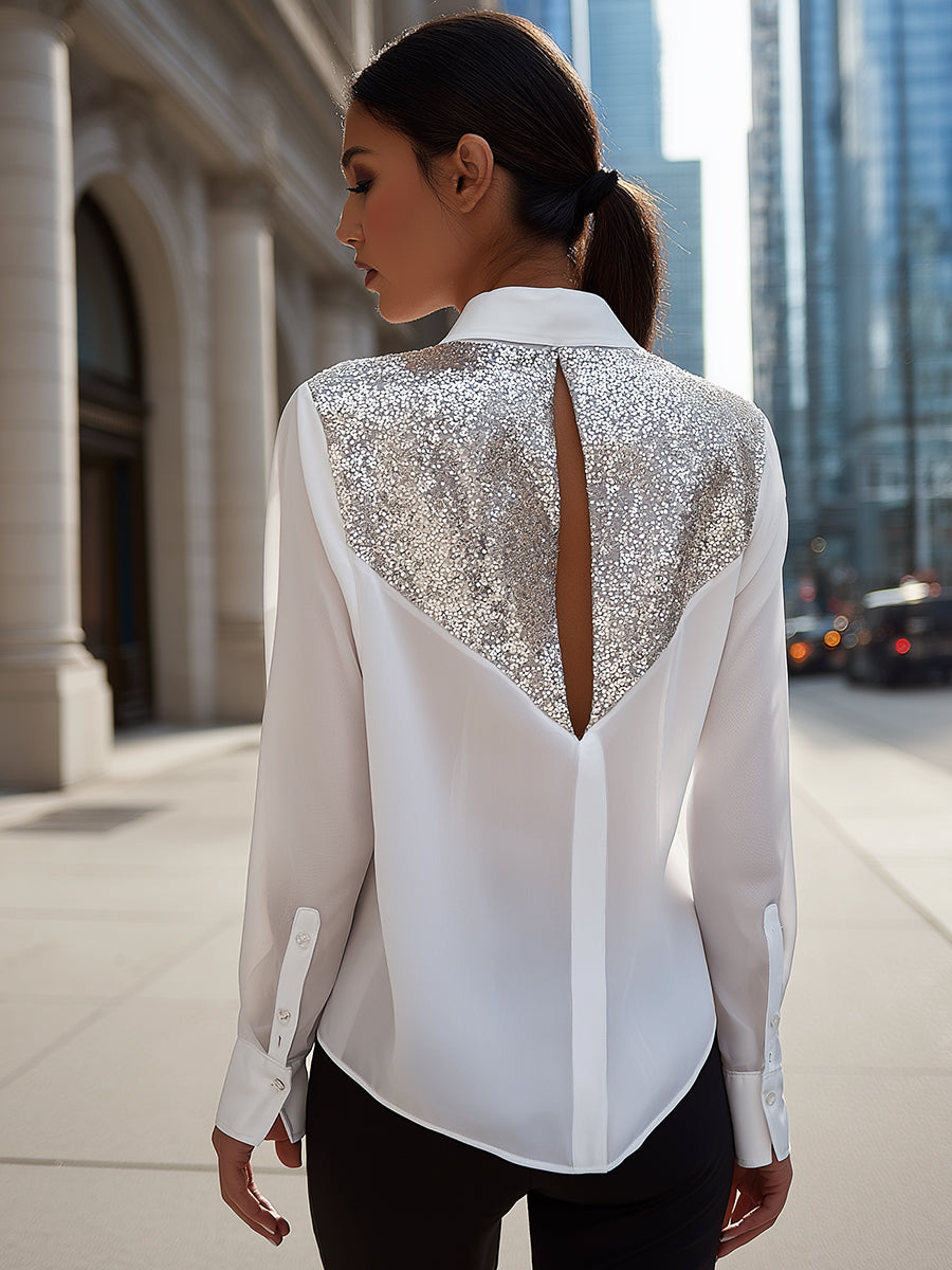 Sequin-Back Keyhole Tailored Blouse