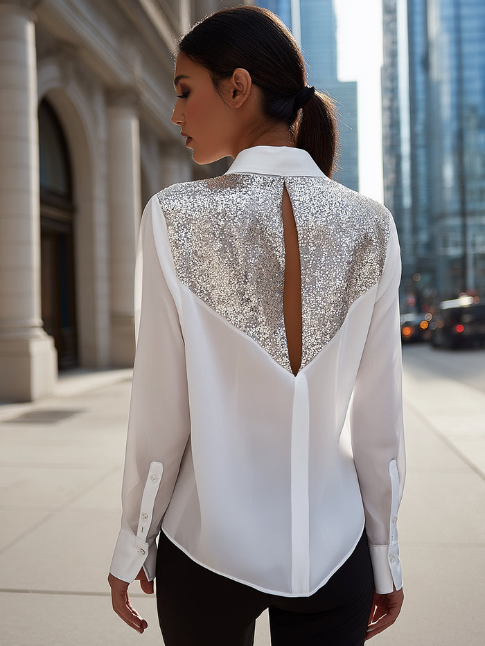 Sequin-Back Keyhole Tailored Blouse
