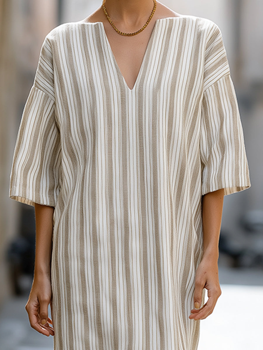 Loose V-Neck Cotton Linen Striped Long Dress