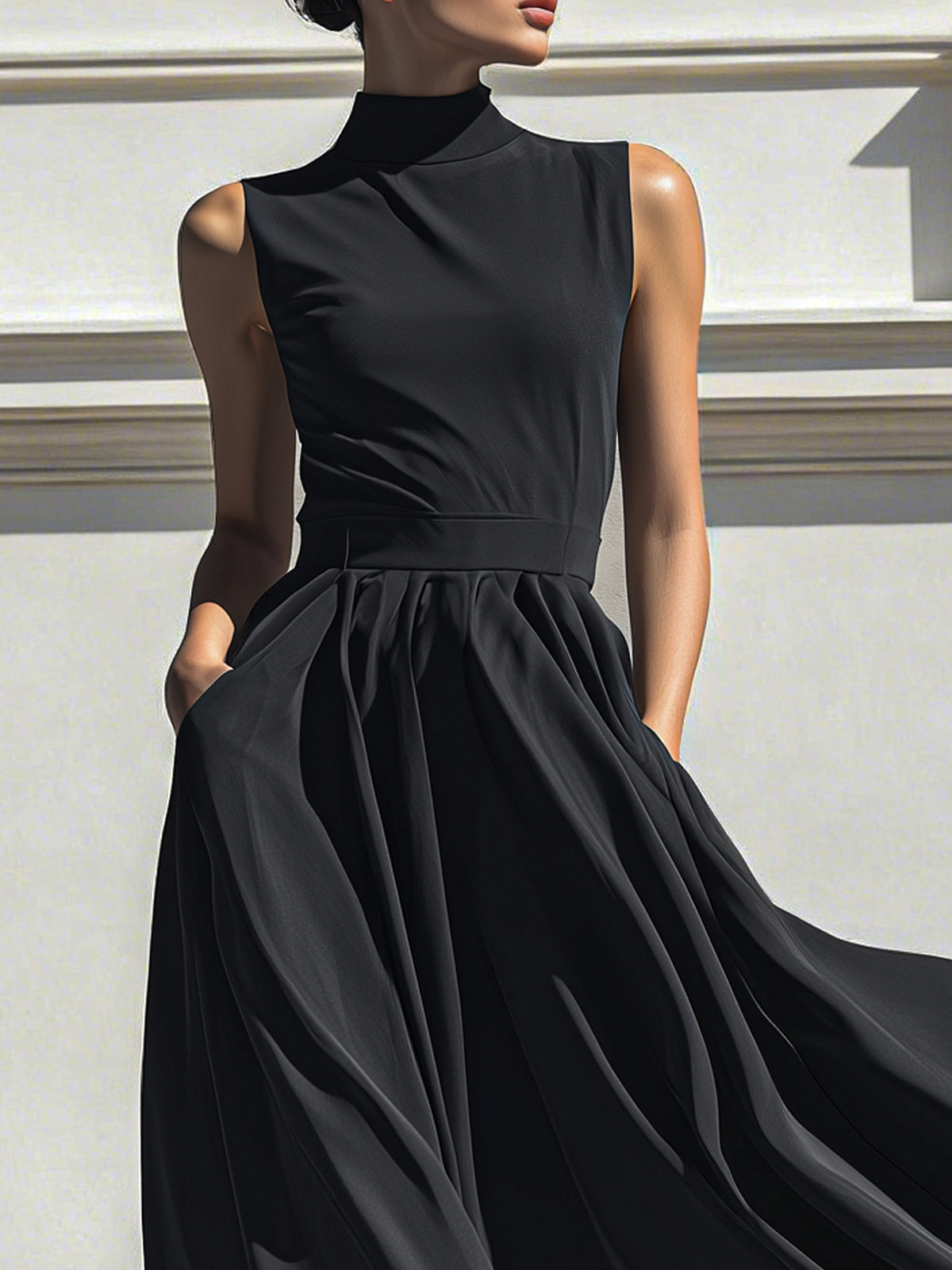 Draped Mock Neck Midi Dress