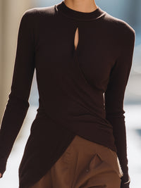 Chocolate Brown Draped Keyhole Knit Top