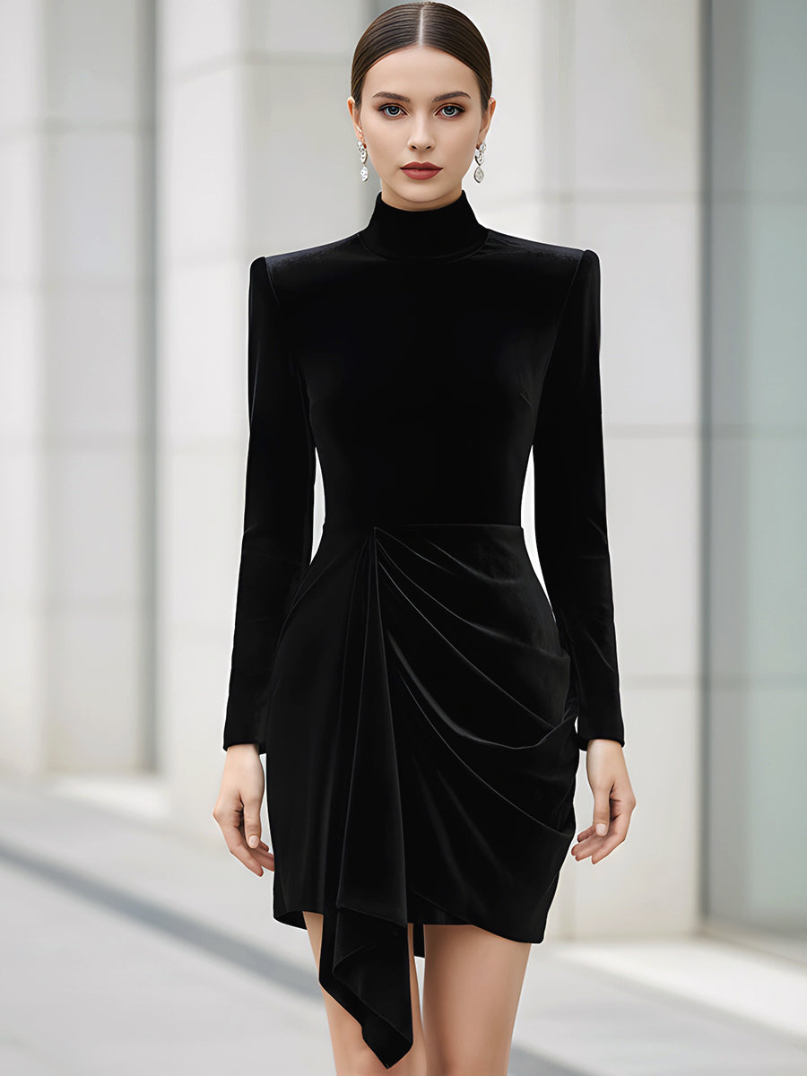 Black Velvet Draped Turtleneck Mini Dress