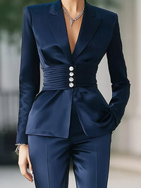 Hourglass Waist Blazer Trousers Set With Front Slit Flared Trousers
