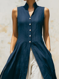 Women’s Sleeveless Linen Blend Long Vest Dress – Button Front Casual Elegant Maxi Tunic
