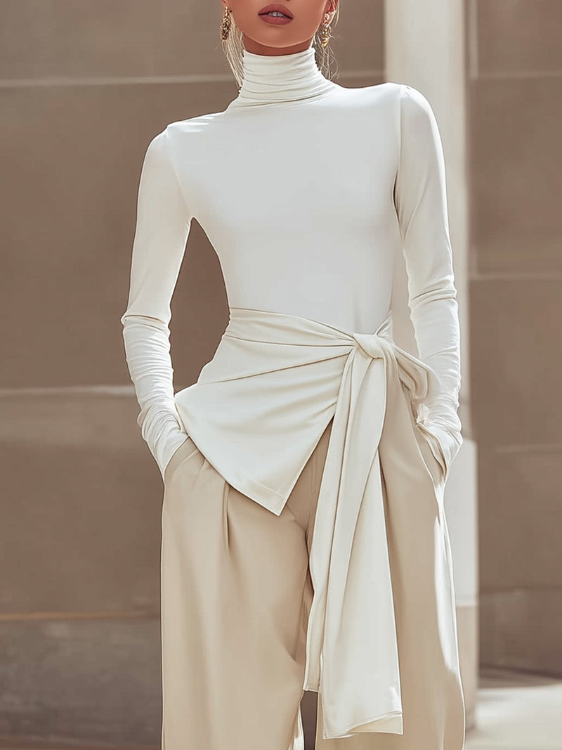 Draped Waist Turtleneck Top In Ivory