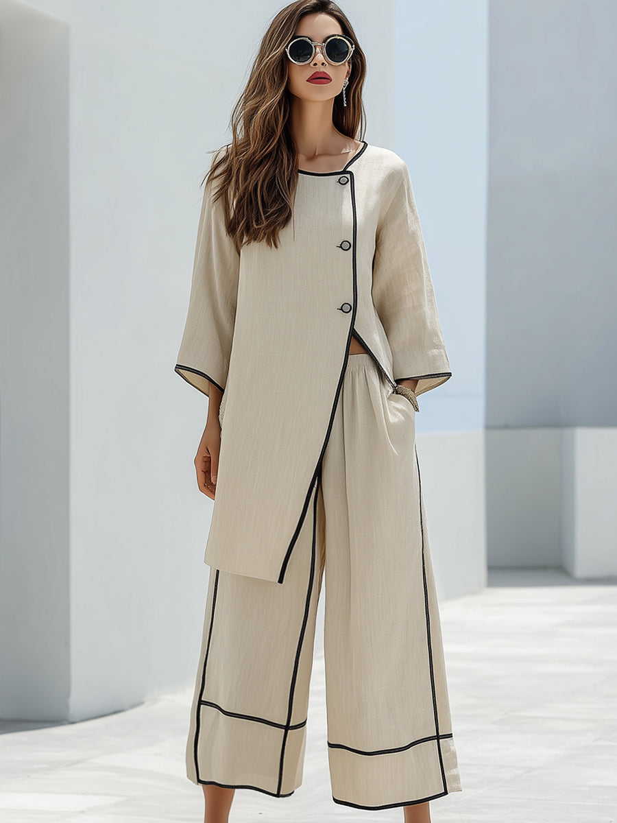 Color-blocked Piping Asymmetrical Loose Top And Wide-leg Pants Set