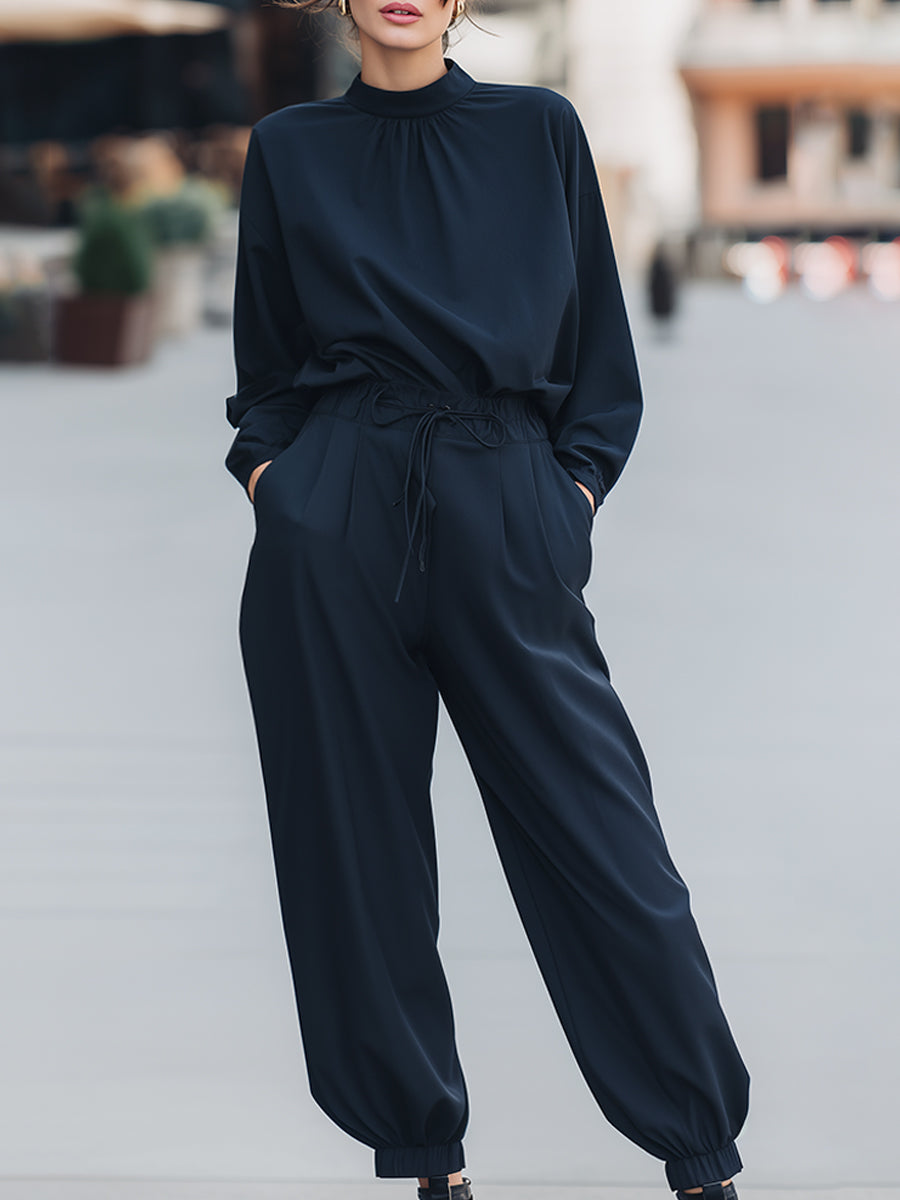 Relaxed High-Neck Long Sleeve Drawstring Jumpsuit