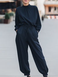 Relaxed High-Neck Long Sleeve Drawstring Jumpsuit