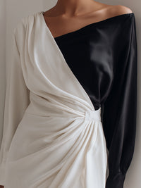 Asymmetric Color-Block Draped One-Shoulder Mini Dress