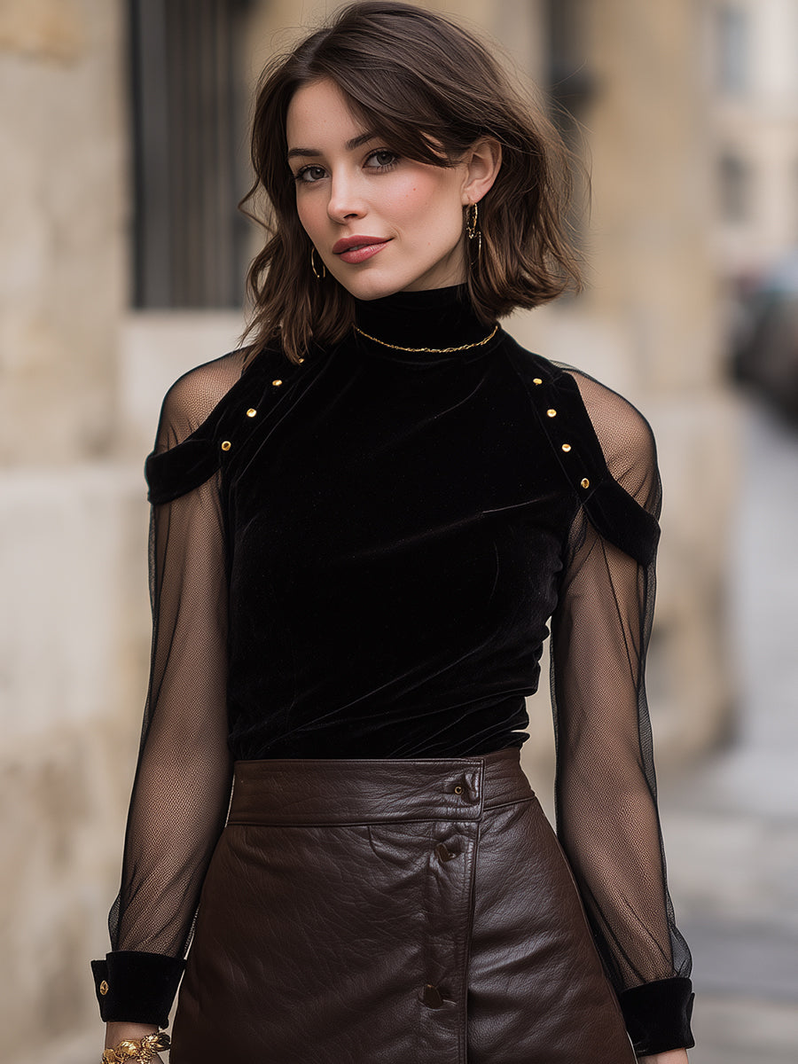 Black Velvet Mesh Sleeve Top With Gold Stud Shoulder Detail