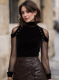 Black Velvet Mesh Sleeve Top With Gold Stud Shoulder Detail