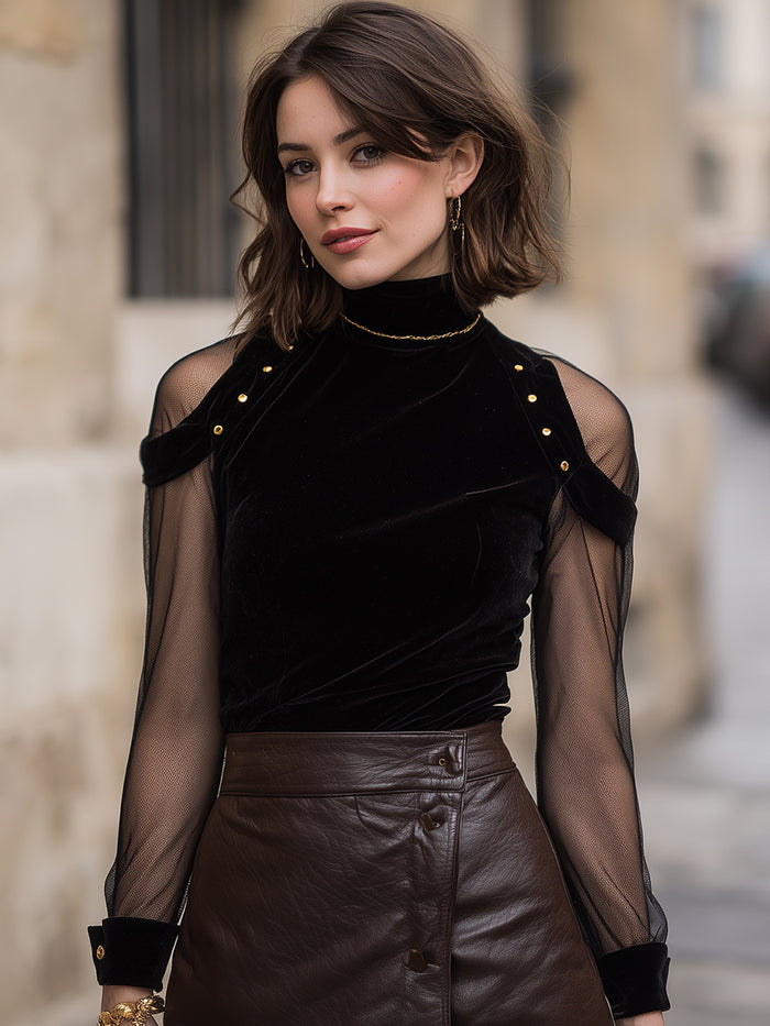 Black Velvet Mesh Sleeve Top With Gold Stud Shoulder Detail