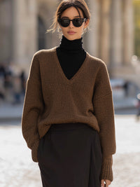 Mocha Brown V-Neck Knit Sweater