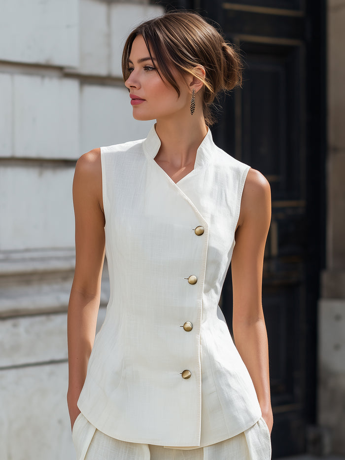 Sleeveless Stand Collar Asymmetric Buttoned Top