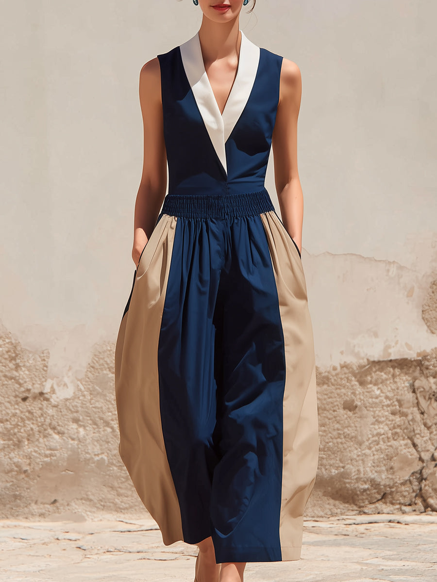 Elegant Color-Block Sleeveless Top & Wide-Leg Pants Set