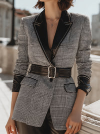 Houndstooth Faux Leather Trimmed Belted Blazer