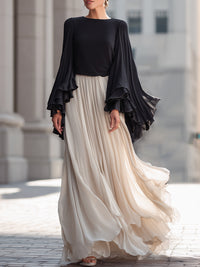 Two-Tone Chiffon Bell-Sleeve Top & Flowing Pleated Maxi Skirt Set