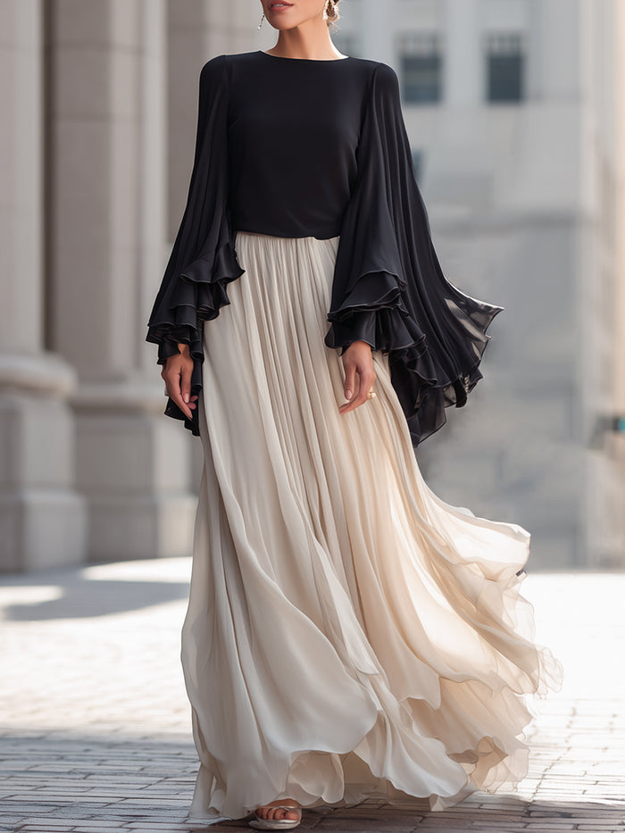Two-Tone Chiffon Bell-Sleeve Top & Flowing Pleated Maxi Skirt Set
