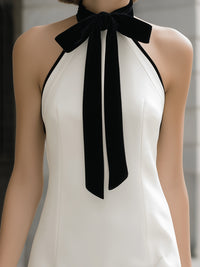 Halter Bow-Neck Mini Dress With Black Velvet Trim