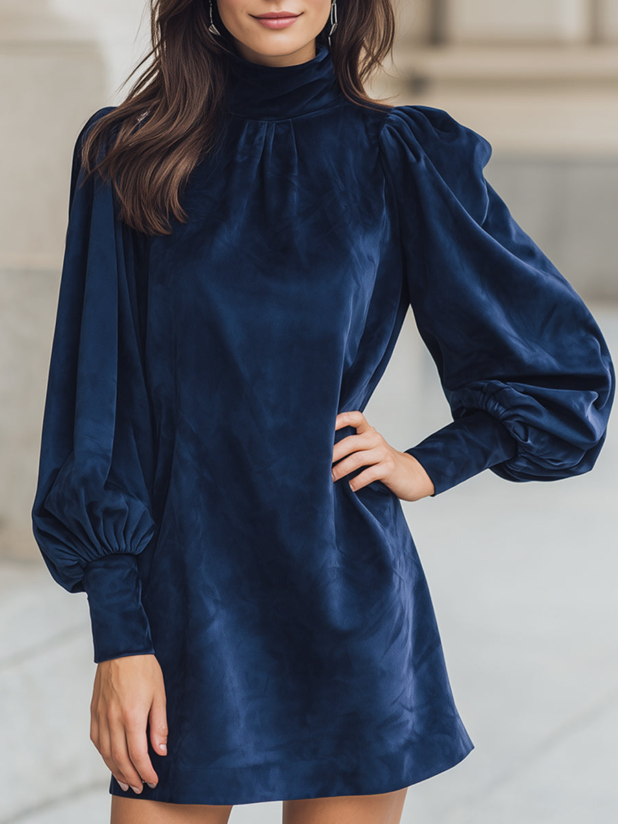 Navy Velvet Puff Sleeve Dress