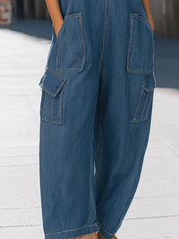 V-Neck Denim Cargo Wide-Leg Jumpsuit