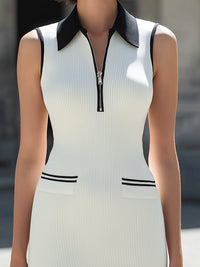 Contrast Collar Zip-Front Ribbed Knit Midi Dress
