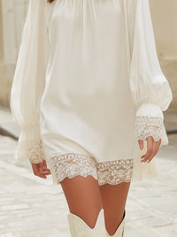 Lace-Trim Long Sleeve Mini Dress With Soft Draped Silhouette