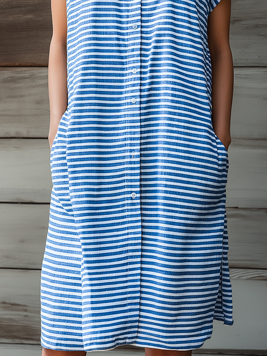 Striped Stand Collar Button-Front Shirt Dress
