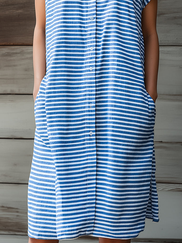 Striped Stand Collar Button-Front Shirt Dress