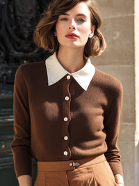 Contrast Collar Button-Up Knit Top