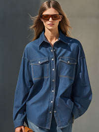 Oversized Navy Blue Denim Button-Down Shirt
