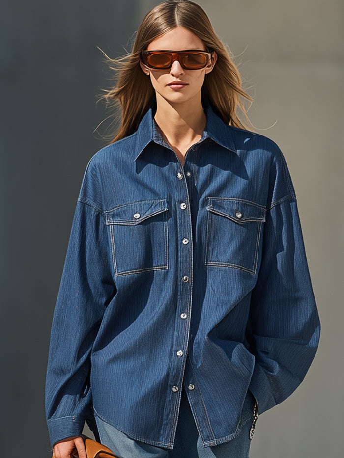 Oversized Navy Blue Denim Button-Down Shirt