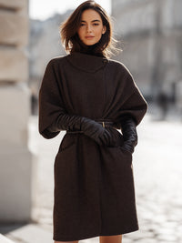 Dark Mocha Belted Kimono Coat With High Collar