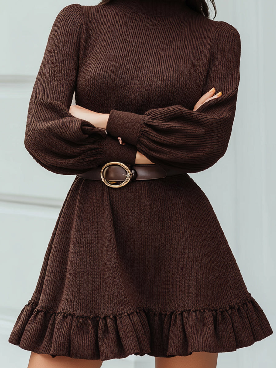 Brown Ruffle Collar Knit Dress With Belt
