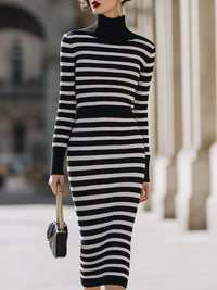 Black And White Striped Knit Turtleneck Midi Dress